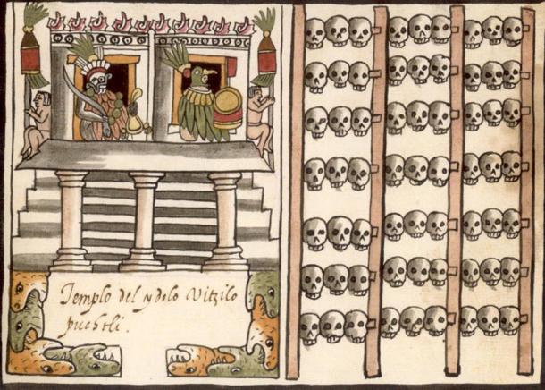 In Aztec culture, skulls were often put on display on a skull rack (tzompantli).