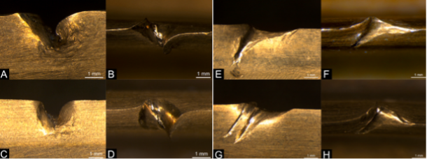 Some of the wear and tear from battle that occurred during the experiment with controlled impacts on the replica bronze spearheads: (A–B) Notch with burr, side and top view. (C–D) Notch with burr, side and top view. (E–F) Bowing dent with trail, side and top view. (G–H) Bowing dent with trails, side and top view.