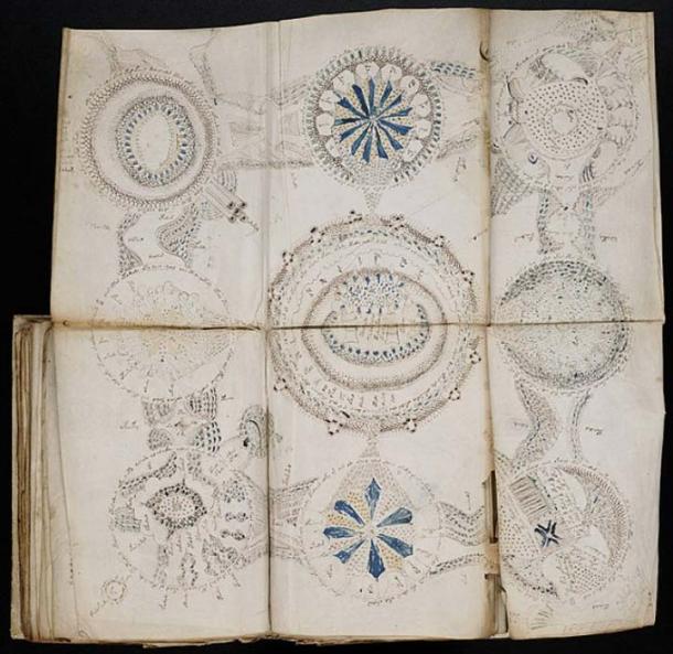 Some pages of the Voynich Manuscript fold out to show larger diagrams. (Public Domain)