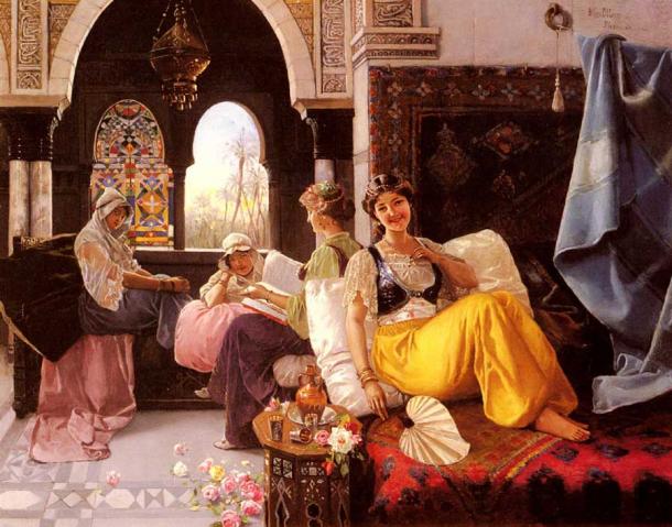 A Spanish-inspired scene of an Ottoman Empire harem by Spanish painter Quintana Olleras, 1851–1919. (Olleras, Quintana Blas 1851-1919 / Public domain)