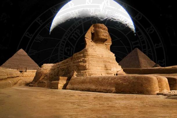 Sphinx and Pyramids at The Giza Plateau (CC BY 2.0) , the moon, and clockworks 