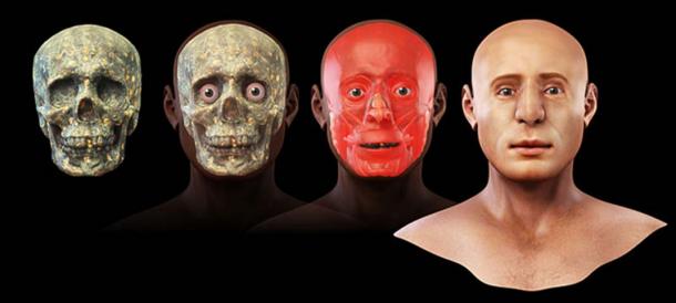 Stages of 3D facial reconstruction. (Cicero Moraes / CC BY-SA 3.0)
