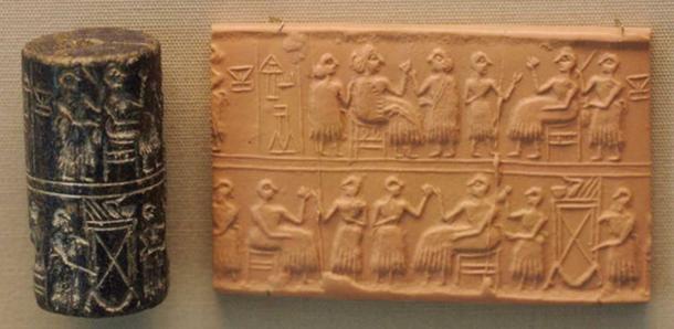 Cylinder-seal of the "Lady" or "Queen" (Sumerian NIN) Puabi, c. 2600 BC. Banquet scene, typical of the Early Dynastic Period.