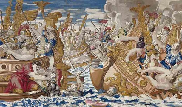 Tapestry depicting the Classis Ravennas in action during the sea battle between the fleets of Constantine and Licinius. (Public domain)