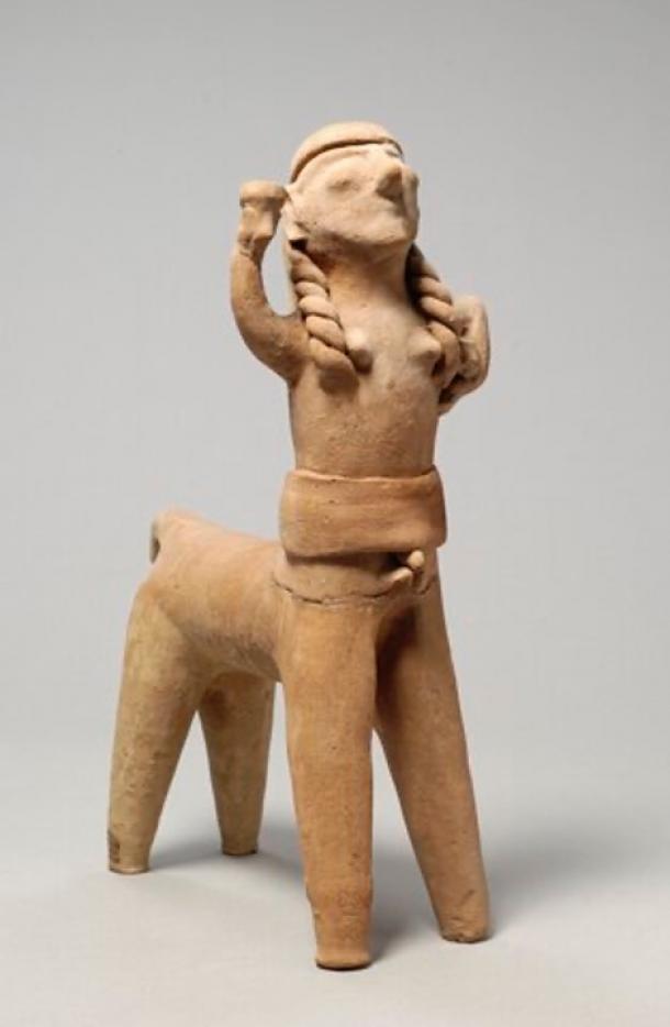 Terracotta centaur figurine with male genital organs and female breasts. Agia Eirini. Can be seen at Medelhavsmuseet, Stockholm. 