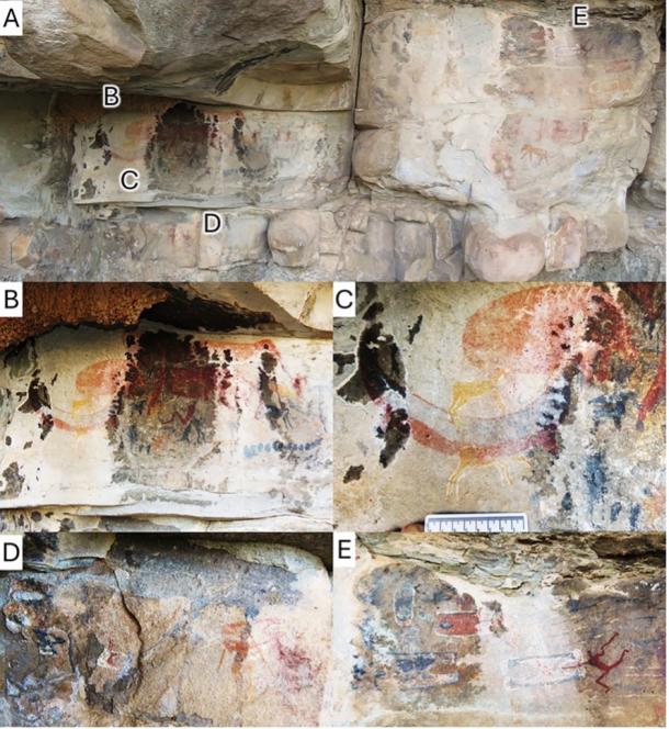 The Horned Serpent panel. A, general view of the Horned Serpent panel photographed in 2024 by the author. B, close up of the section figured in Stow and Bleek’s plate 39. C, close up of the tusked animal. D, close up of the warriors painted below the Horned Serpent panel. E, close up of the warriors painted to the right of the panel. 