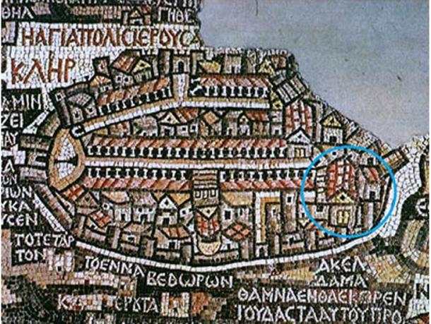 The 6th century Madaba mosaic appears to show the structure in the right corner of the map, next to Hagia Sion. (Biblical Archaeology)