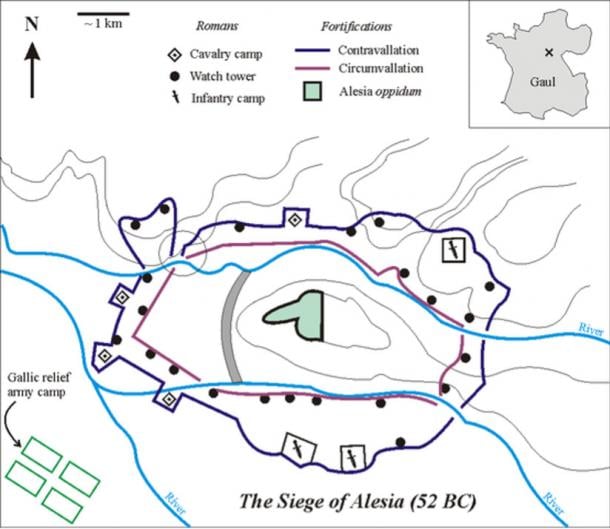 The fortifications built by Caesar in Alesia Inset: cross shows location of Alesia in Gaul (modern France). The circle shows the weakness in the north-western section of the fortifications 