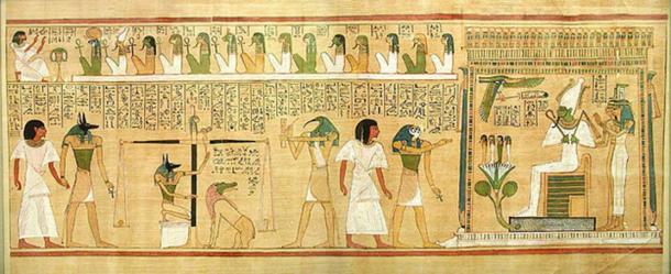 The scribe Hunefer is conducted to the balance by jackal-headed Anubis, who also weighs the heart against the feather of truth. The ibis-headed Thoth records the result. Ammit, which is composed of the deadly crocodile, lion, and hippopotamus watches. In the next panel, showing the scene after the weighing, a triumphant Hunefer is presented by falcon-headed Horus to the shrine of the green-skinned Osiris accompanied by Isis and Nephthys. 14 gods are shown above as judges. (Public Domain)