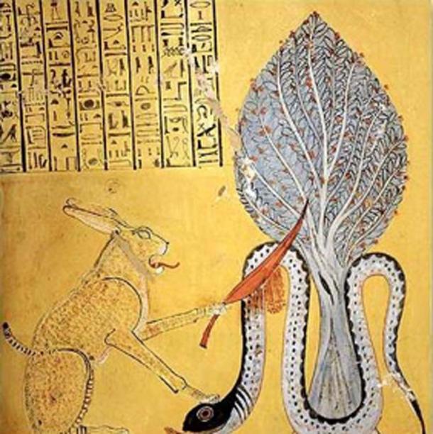 The sun god Ra, in the form of great cat, slays the snake Apep, the moon. Legend states that every day Apep must lay below the horizon and not persist in the mortal kingdom. But Apep comes out at night and lurks just before dawn. (DingirXul / Public Domain)