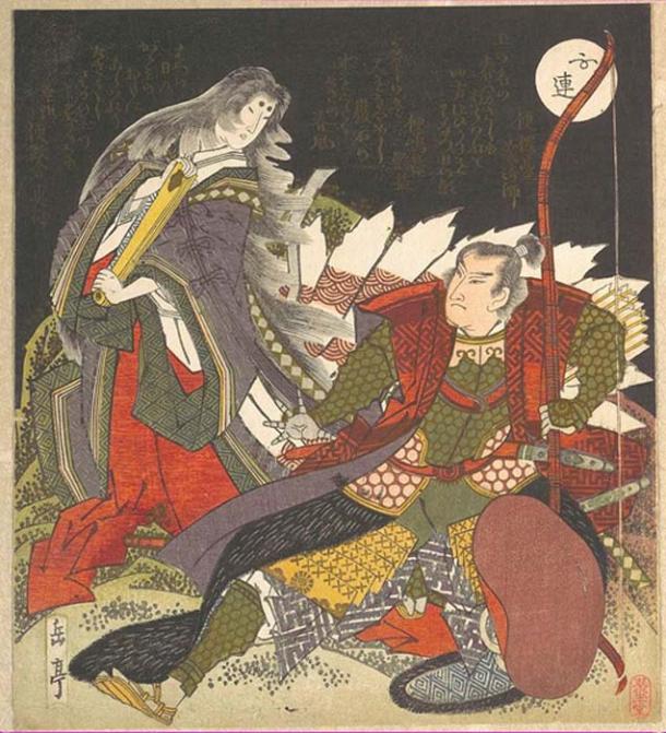 A guerreira Miura-no-suke confrontando a Senhora Tamamo-no-mae ao transformar-se num Kitsune. (Pharos / Domínio Público)