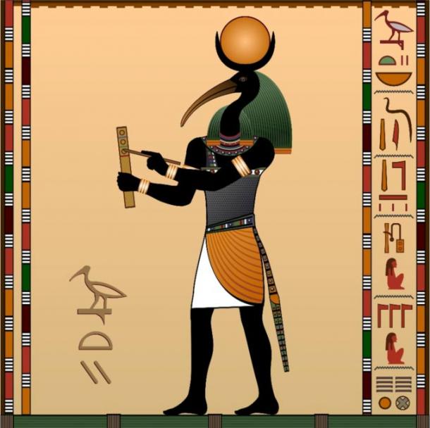 Thoth, el antiguo dios egipcio de la sabiduría, representado con el cuerpo de un hombre, la cabeza de un ibis y una luna creciente sobre su cabeza.