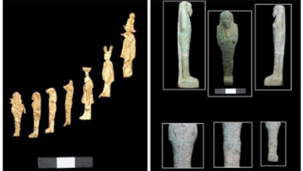 Ushabti and gold foil figures found at the site. (MOTA)