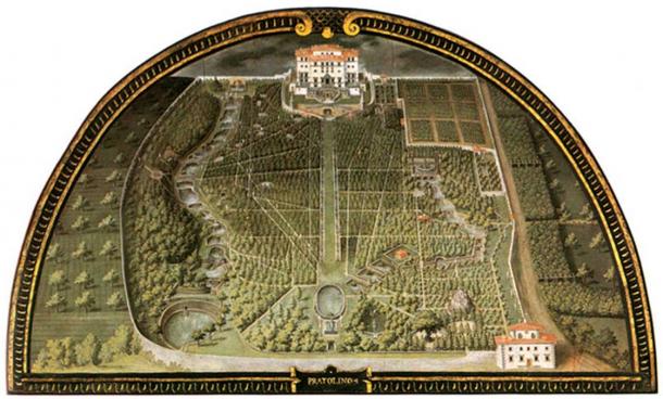 Villa di Pratolino, a metade inferior do jardim, de Giusto Utens, 1599 (Museo Topografico, Florença)