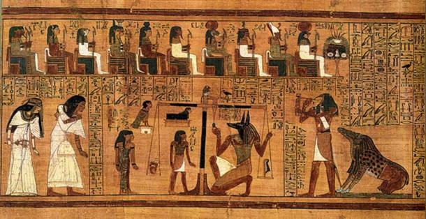 The Weighing of the Heart from the Book of the Dead of Ani. At left, Ani and his wife Tutu enter the assemblage of gods. At center, Anubis weighs Ani's heart against the feather of Maat. At right, the monster Ammut, who will devour Ani's soul if he is unworthy, awaits the verdict, while the god Thoth prepares to record it. On top, gods are acting as judges.