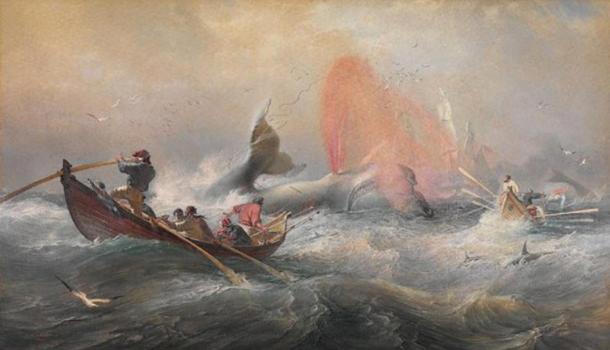 Whalers off Twofold Bay, New South Wales. Watercolor by Oswald Brierly, 1867.