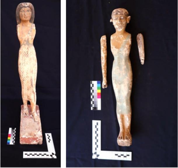 Wooden figurines found in the burial chamber. 