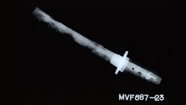 X-ray of the Wakizashi with the two visible holes in the tang for attaching the wooden handle. It was found that only one of the two holes was used to attach the subsequently added handle. 