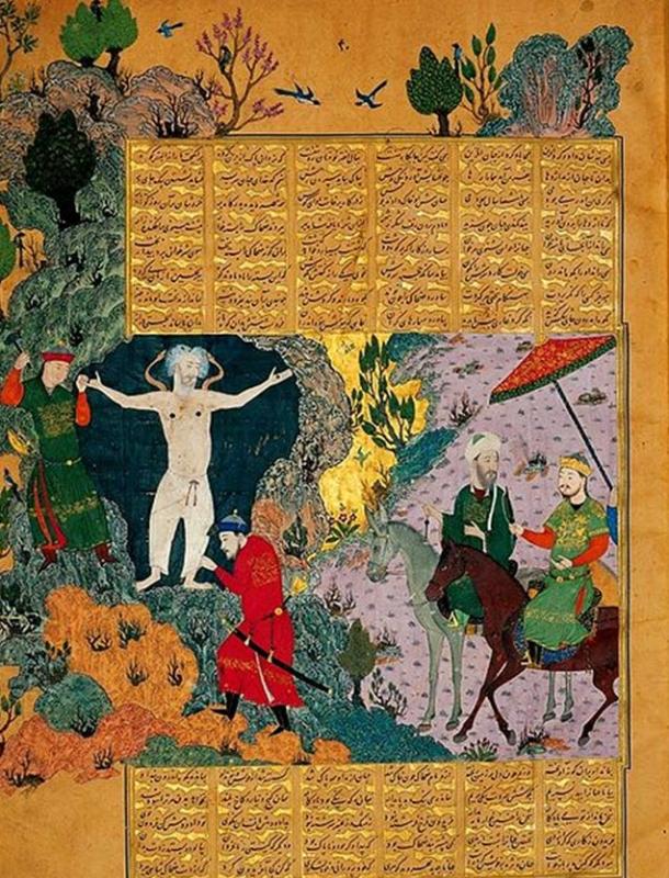 Zahhak bound on mount Damavand. Baysungur's Shahnama, 1430. 