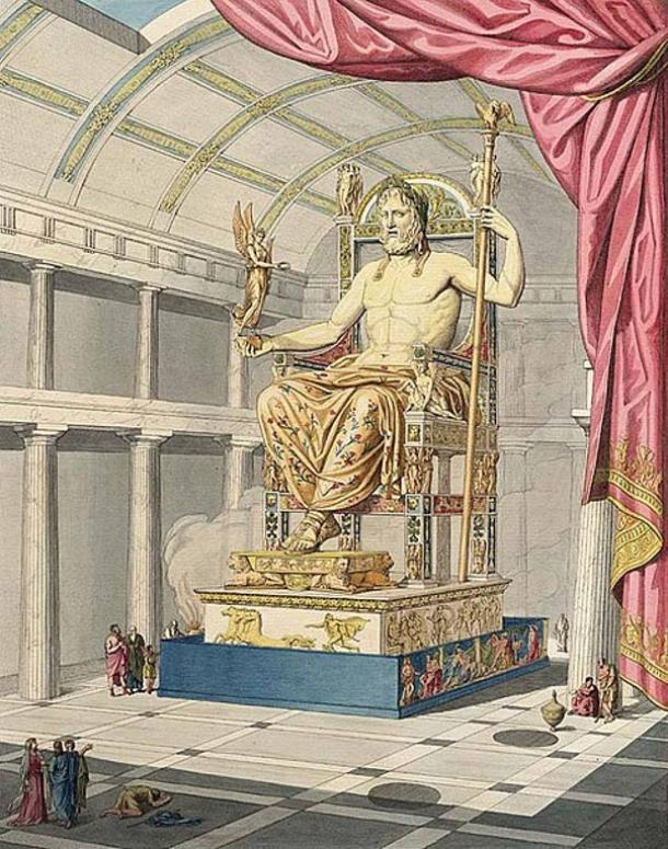  Zeus a Olimpia. Statua di Fidia in oro e avorio nel tempio principale di Olimpia.