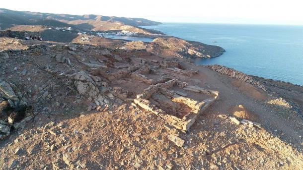 An aerial view of the temple complex at Kythnos. In the center is the sanctuary of Demeter and Koris.  (Greek Culture Ministry)