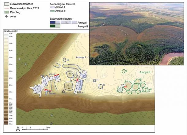 Top: aerial view of the Amnya river and promontory; bottom: general plan of Amnya I and II, showing location of excavation trenches and features visible in the surface relief (illustration by N. Golovanov, S. Krubeck & S. Juncker/ Antiquity Publications Ltd).