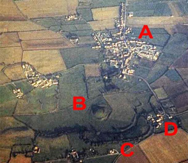 Aerial photograph of Skipsea Castle from the west in 1979; A – village of Skipsea; B and C – castle motte and bailey; D – Skipsea Brough. (CC BY-SA 2.0)