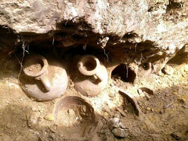 Some of the amphorae as they were discovered.