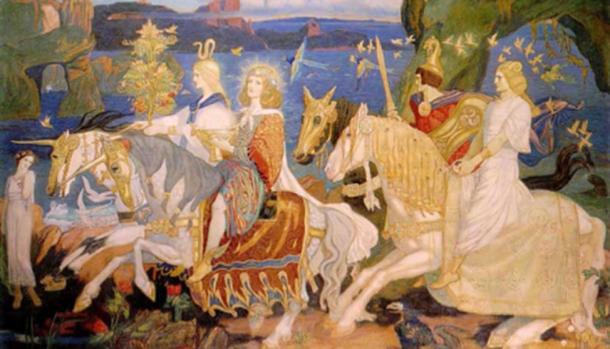 Riders of the Sidhe. (1911) John Duncan. Dit is een denkbeeldige voorstelling van hoe het beroemde Ierse 'elfenvolk' de Tuatha Dé Dannan (voorouders van de Leprechauns en andere feeën) eruit zou kunnen hebben gezien.