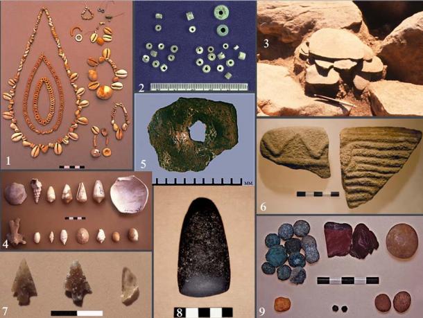 These artifacts were all found in and around the 7,500-year-old cemetery in southern Israel. 1. Shell jewelry; 2. Faience, steatite beads; 3. Flint scrapers; 4.Shells, coral from Eilat bay; 5. Copper bead; 6. Sandstone bowl bits; 7. Arrowheads; 8. Basalt axe; 9. Minerals. (Uzi Avner / Researchgate)