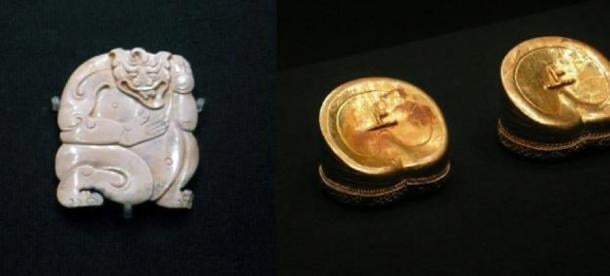 Una deidad bestial en jade (CC BY SA 4.0) y lingotes de oro (CC BY SA 4.0) encontrados en la tumba del marqués de Haihun y el ex emperador de la dinastía Han, Liu He.