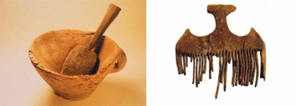 Left; Wooden bowl and spoon found in the hoard with the human hair containers. Right; Wooden comb found in the hoard with the human hair containers. (Peter Witte, ASOME-Universitat Autònoma de Barcelona/Nature)