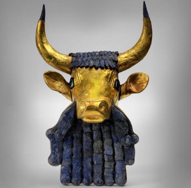 Close-up of the reconstructed bearded bull on the front of the Bull Headed Lyre. (Penn Museum)