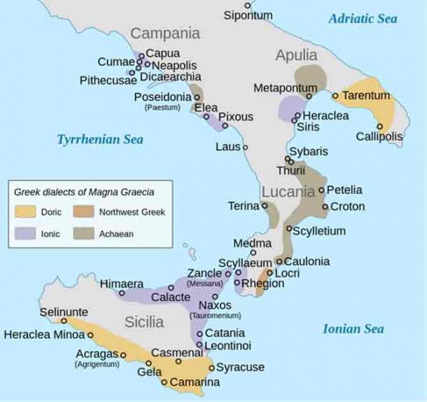 Ancient Greek colonies and their dialect groupings in Southern Italy, Magna Graecia. (Public Domain)