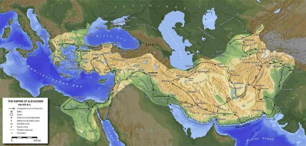 Conquest course of Alexander the Great from Greece to India to Babylon in 334-323 BC, with the most important provinces of his empire. (Generic Mapping Tools/CC BY-SA 3.0)