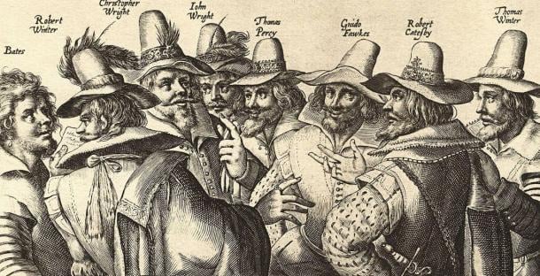 A contemporary engraving of eight of the thirteen conspirators, by Crispijn van de Passe. Fawkes is third from the right. 