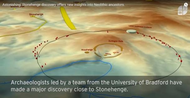 The countless Stonehenge pits lie on this large circular perimeter, with Woodhenge and the Durrington Walls in the center, which is about 500 meters (1,640 feet) northeast of Stonehenge itself at the closest point. (This map is upside down!) (YouTube screen shot / University of Bradford)