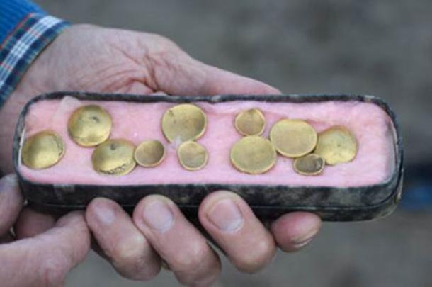 A few of the curiously curved Celtic gold coins, which are called “rainbow cups” in German, that were unearthed in a field in the Brandenburg district of Germany. (Brandenburg State Office for the Preservation of Monuments and Archaeological State Museum)