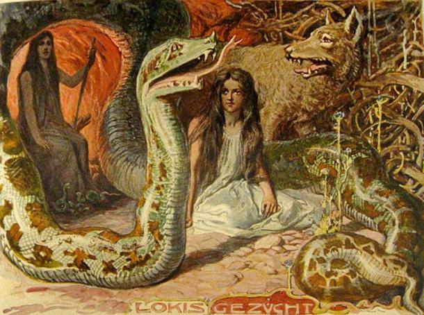 Loki's brood; daughter Hel, Fenrir the Wolf and Jörmungandr the Serpent.