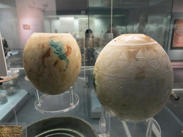 Two of the decorative ostrich eggs from the Isis tomb on show in the British Museum. (Tamar Hodos et al. / Antiquity Publications Ltd)