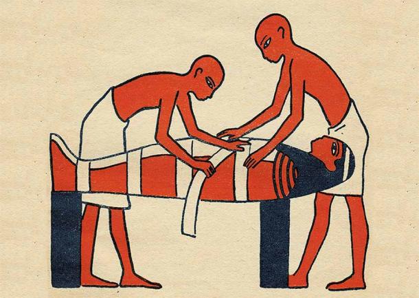 Image depicting the mummification process entitled Le pharaon Tout-Ank-Amon, by Yvonne Girault and illustrated in 1938 by Simone Bouglé, from the collection Les Livres roses pour la jeunesse. (Public domain)