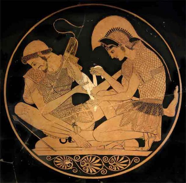 A depiction from a vase (circa 500 BC from Vulci) showing Achilles tending Patroclus, who is wounded by an arrow. (Public Domain)