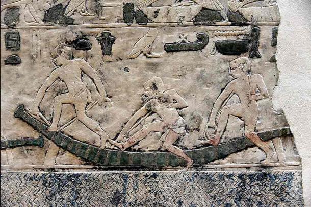 Detail showing fabrication of papyrus boats. Limestone, painted. Wall fragment from the Sun Temple of Nyuserre Ini at Abu Gorab, Egypt.  (Osama Shukir Muhammed Amin FRCP(Glasg)/CC BY-SA 4.0)