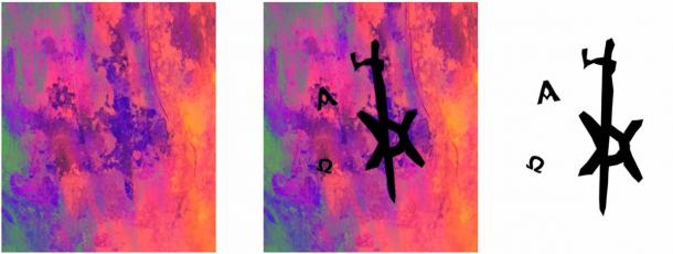 Photos and digital image of the Christogram tattoo, Chi-Rho and Greek alpha-omega tattoo discovered in Ghazali.  (Kari A. Guilbault/PCMA UW)