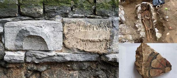 Left: A stoup discovered in the 13th century foundations was “probably used by monks in Edward the Confessor’s church to wash their hands as they entered.” Top right: Skeleton of a monk discovered during the Westminster Abbey Sacristy excavations. Bottom right: Fragment of wall plaster with floral design believed to date from the Tudor period. (Pre-Construct Archaeology / Westminster Abbey)