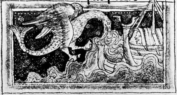 A dragon-like sawfish with webbed feet and the requisite enormous wings attacks a ship from Bestiaire of Guillaume le Clerc. (Bibliothèque Nationale de France)