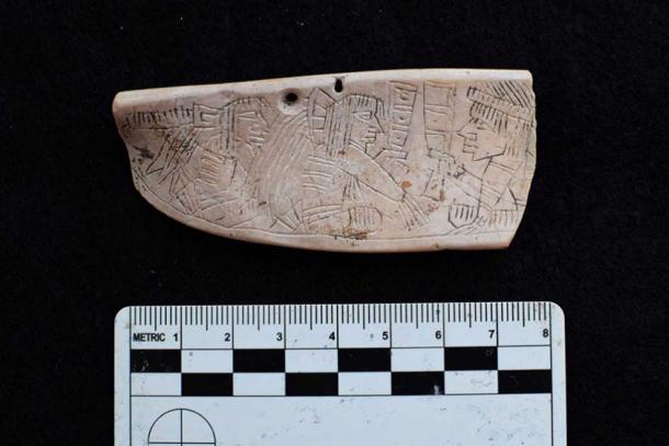 This engraved shell plaque depicts two central seated figures and exemplifies the interpersonal interactions behind long-distance coastal Maya exchange networks. (Proyecto Costa Escondida)