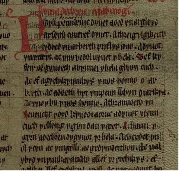 The opening few lines of the Mabinogian, from the Red Book of Hergest, scanned by the Bodleian Library (1-Jesus College/Oxford, CC BY 4.0)