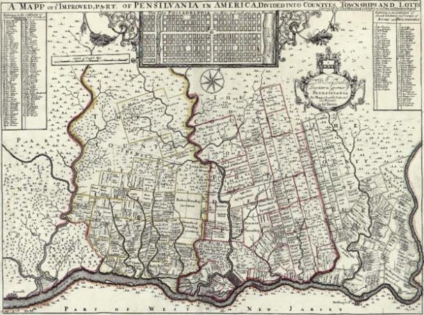 1729 map of New England, New York, New Jersey, and Pennsylvania. Known among cartographic historic as the “Post Map”, this is Herman Moll’s important 1729 map of New England and the adjacent colonies. 