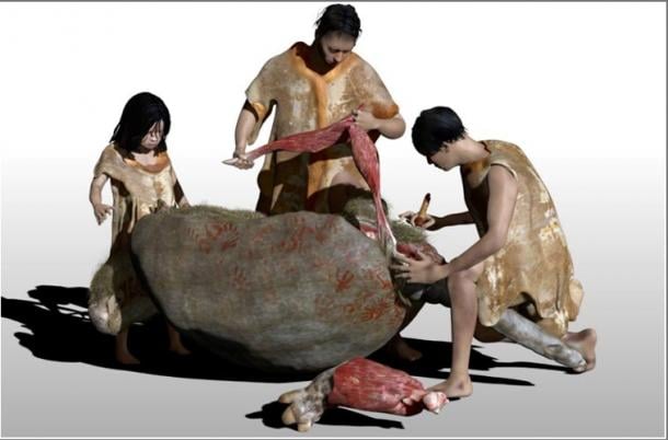 3D digital reproduction of humans butchering a glyptodonts. Source: Damian Voglino, Museo de Ciencias Naturales/UNLP